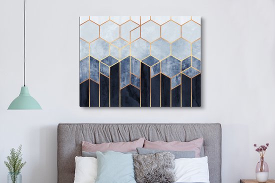 Toile Peinture Hexagone - Gold - Luxe - Motifs - 160x120 cm - Décoration murale XXL