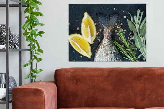 Tableau sur toile Poisson - Citroen - Herbes - 80x60 cm - Décoration murale