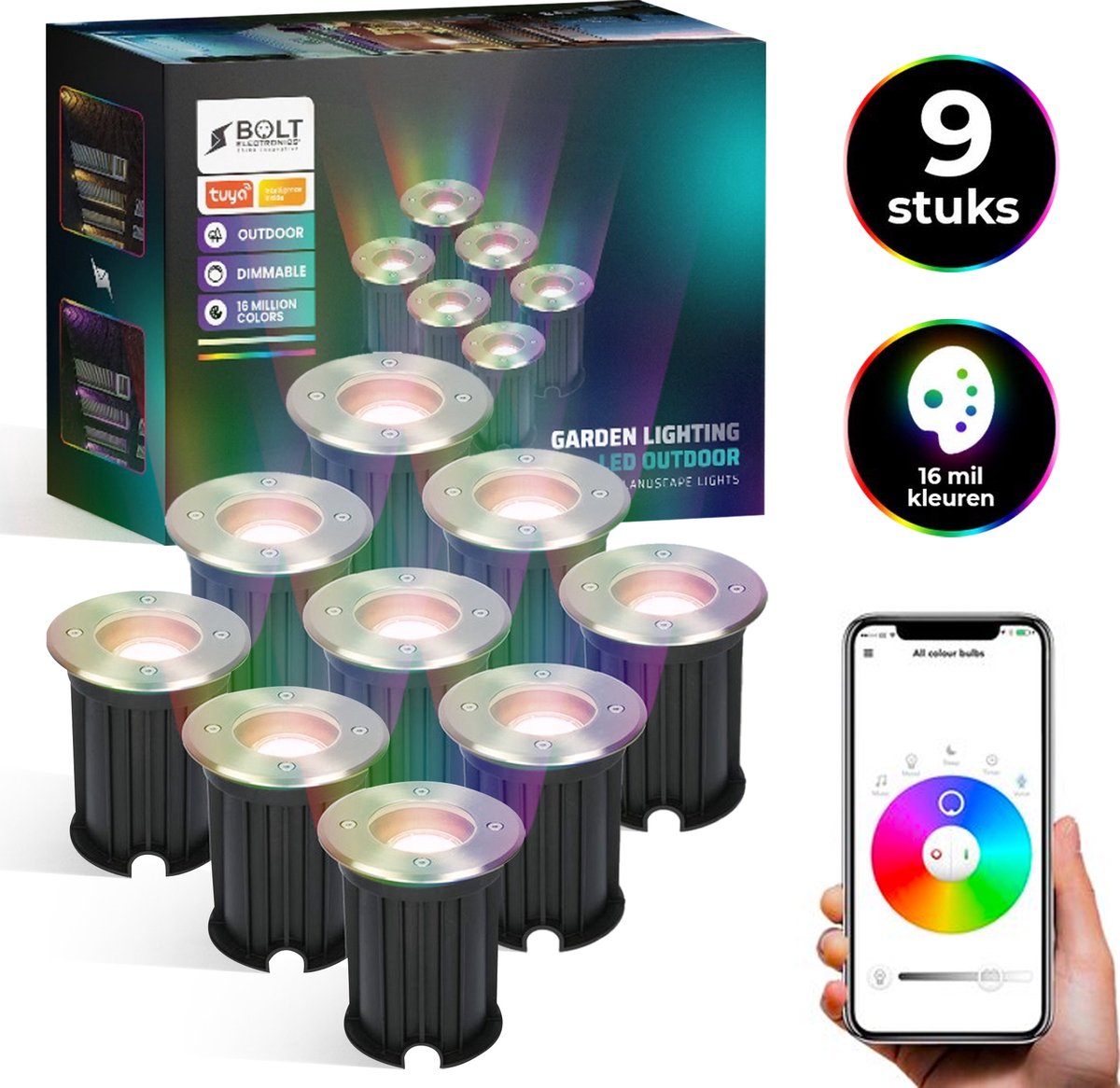Bolt Electronics ® Grondspots – LED Spots – Buitenlamp – Tuinspots – Tuinverlichting Lamp – Tuinlamp – Waterdicht – Dimbaar – Bluetooth – RVS – 5.5 Watt – 230V – Besturing via app – 9 stuks