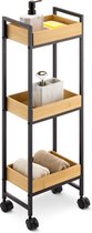 Navaris Meuble de salle de bain en Bamboe sur roulettes - Étagère à trois tiroirs - Meuble de rangement de salle de bain - Chariot en bambou et fer