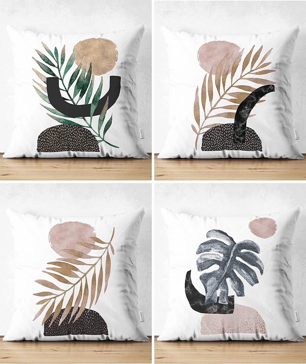Sierkussens set van 4 stuks - INCLUSIEF BINNENKUSSENS 45x45 cm - abstract - bladen - groen - roze - beige - grijs - zwart- dubbelzijdig bedrukt - kussensloop - kussens woonkamer - kussenhoes
