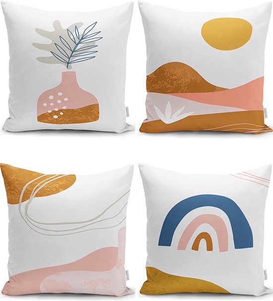 Lot de 4 Coussins décoratifs - Y COMPRIS LES COUSSINS INTÉRIEURS 45x45 cm - abstrait - marron - bleu - rose - orange - imprimé double face - taie d'oreiller - oreillers salon - housse de coussin