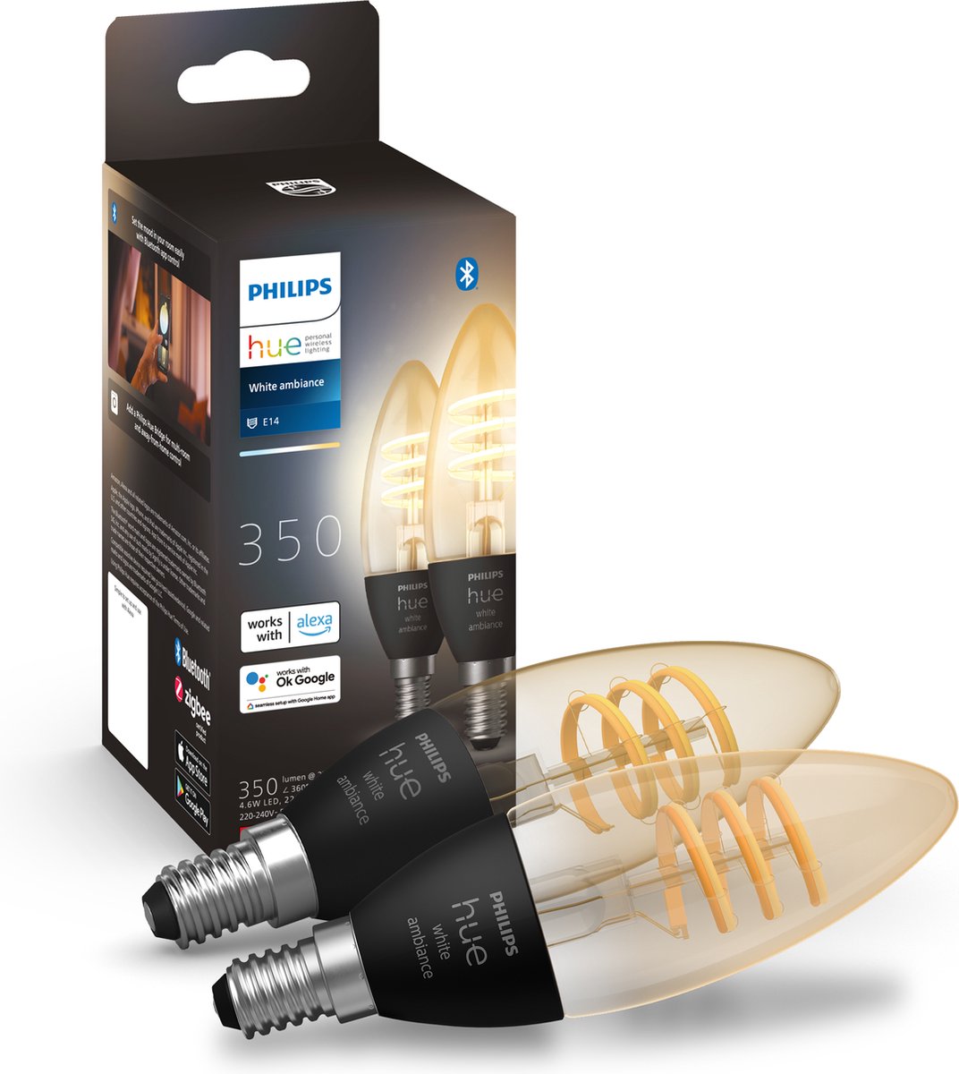 Philips Hue filamentkaars - warm- tot koelwit licht - 2-pack - E14