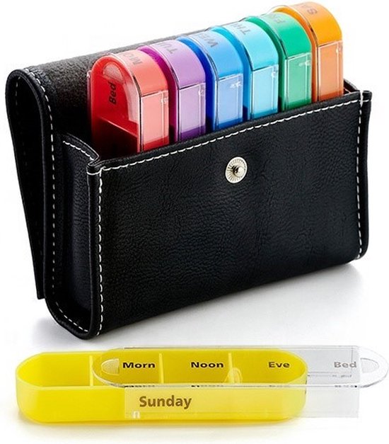 Medies - pilulier | étui à pilules 7 jours 4 compartiments| boîte de médecine 7 jours|  pilulier semaine| boîte à pilules - 7 pièces de jour séparées colorées dans une pochette en cuir noir pratique - grands compartiments
