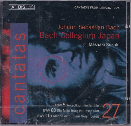 Albumcover 'Cantatas from Leipzig 1724' met een portret, tekst 'Johann Sebastian Bach Bach Collegium Japan Masaaki Suzuki' en nummer 27.