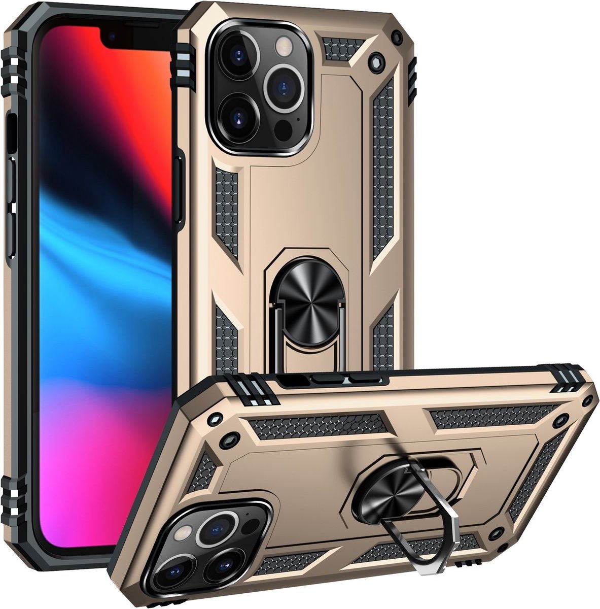 Mobigear Hoesje geschikt voor Apple iPhone 14 Pro Telefoonhoesje Hardcase | Mobigear Armor Ring Backcover Shockproof met Ringhouder | Schokbestendig iPhone 14 Pro Telefoonhoesje | Anti Shock Proof - Goud