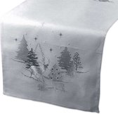 Tafelloper - Kerst - Grijs met rendieren, kerstbomen en zilverdraad - herten - Loper 45 x 150 cm