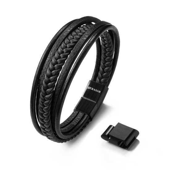 SERASAR - "Braid" Leren Armband - Zwart - 17 cm - armband Heren - armband  heren leer... | bol.com