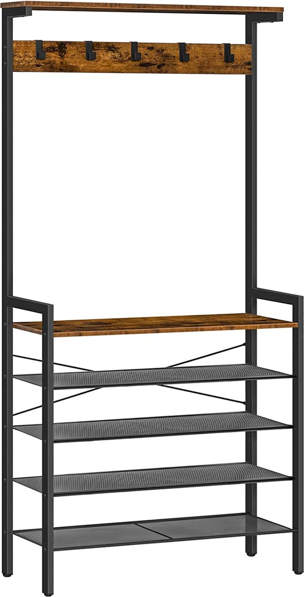Furnibella - Kapstok Stand, Hall Tree met 5 -tier schoen opslag rek, Grote industriële hal standaard, 5 verwijderbare haken, hout Accent Top Shelf, Entryway Storage Shelf, Metalen frame, Rustiek bruin EBF74MT01