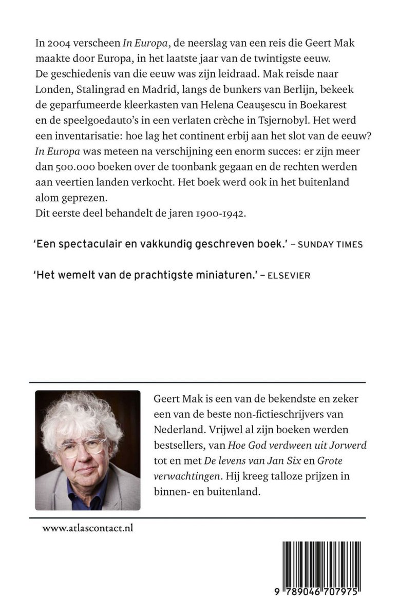 Photo de Geert Mak, avec du texte sur son livre 'In Europa' et l'auteur.