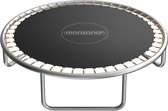 Een Monzana trampoline met zilverkleurig frame, zwarte springmat en zichtbare veren.