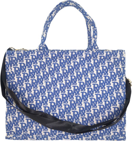 Qischa® designer shopper klein blauw - wit met extra lange riem