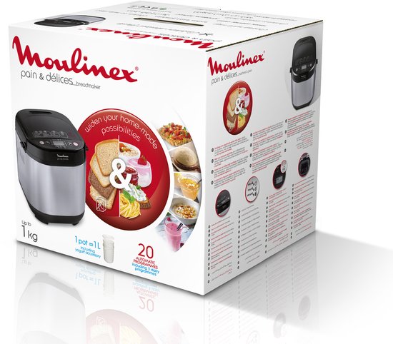 Doos van de Moulinex Pain & Délices broodbakmachine. Toont afbeeldingen van de machine, brood en diverse gerechten.