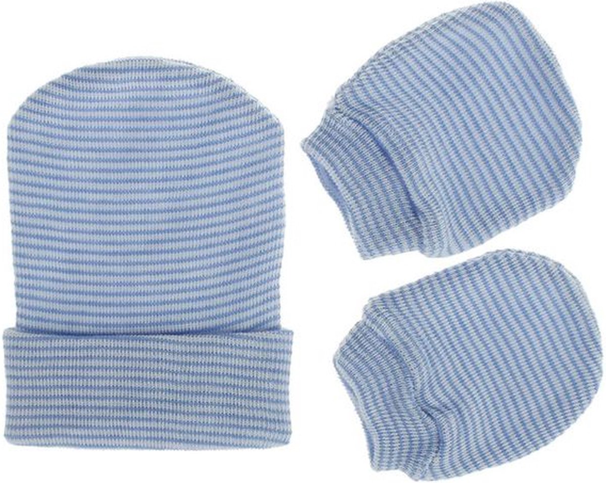 Pasgeboren babymuts blauw met handschoenen - newborn muts - muts - blauw - baby - pasgeboren - baby mutjse