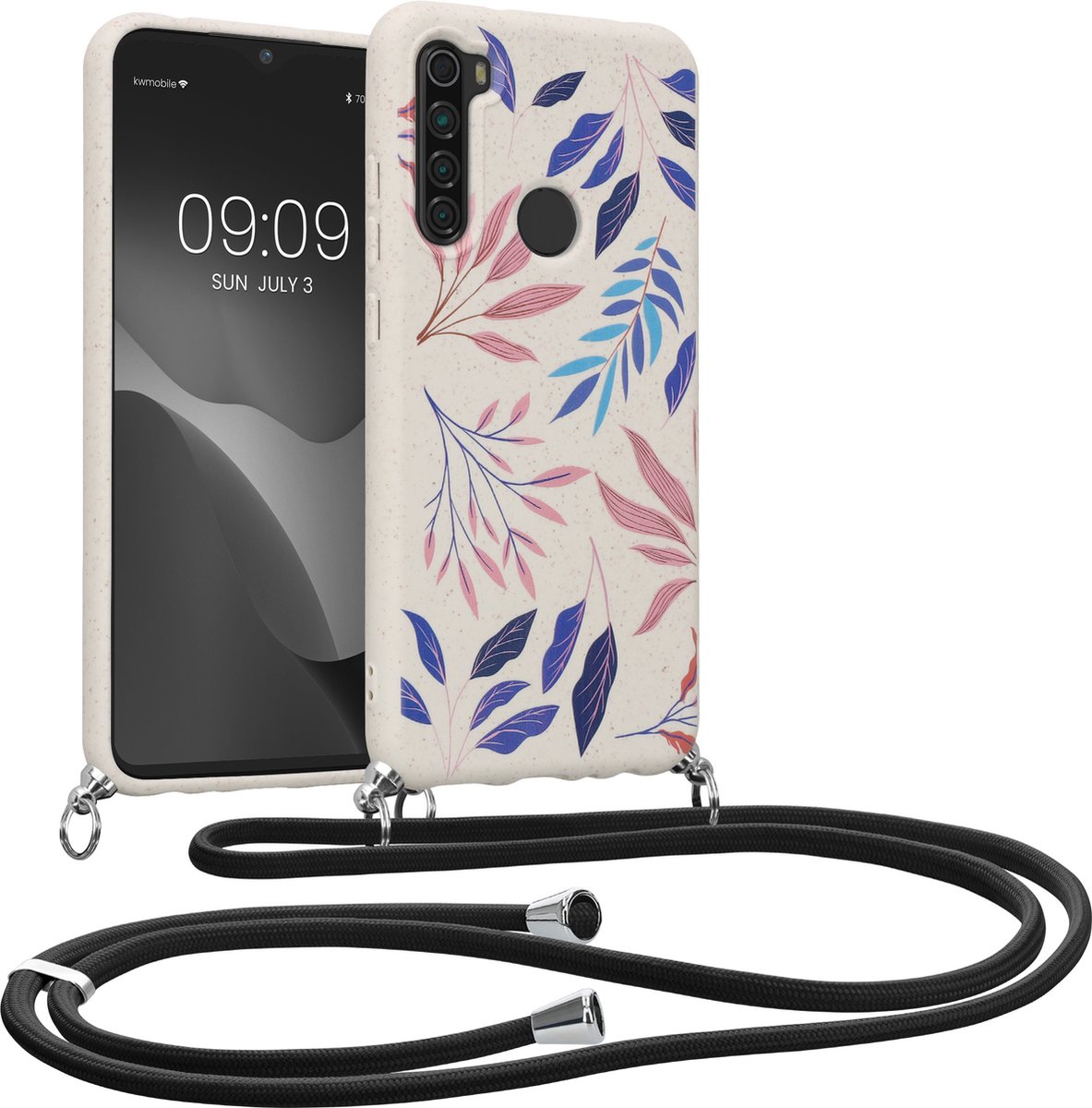 kalibri telefoonhoesje met nekkoord - Hoesje compatibel met Xiaomi Redmi Note 8 (2019 / 2021) - Van tarwe stro en TPU - Gekleurde bladeren design