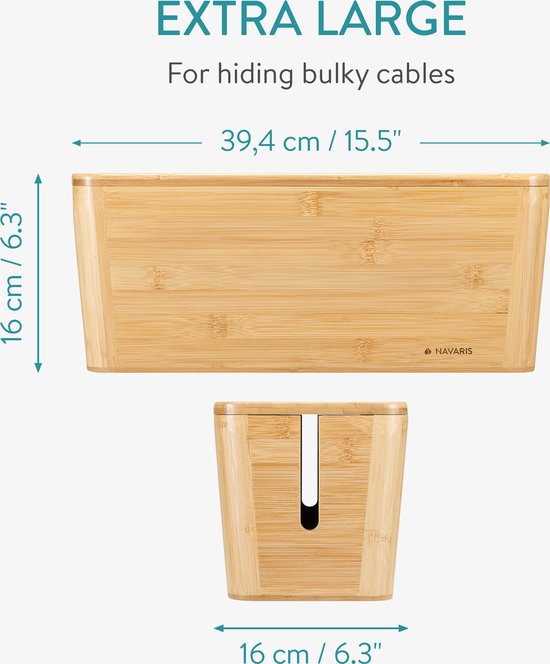 Navaris Bamboo Cable and Cord Box - Organizer for Power