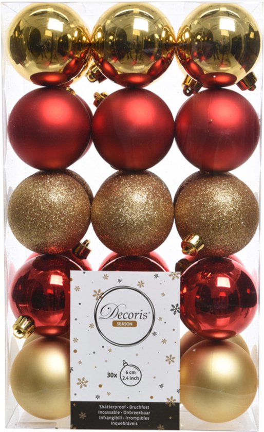 Decoris Kerstballen - 30 stuks - goud en rood - kunststof - 6 cm | bol.com