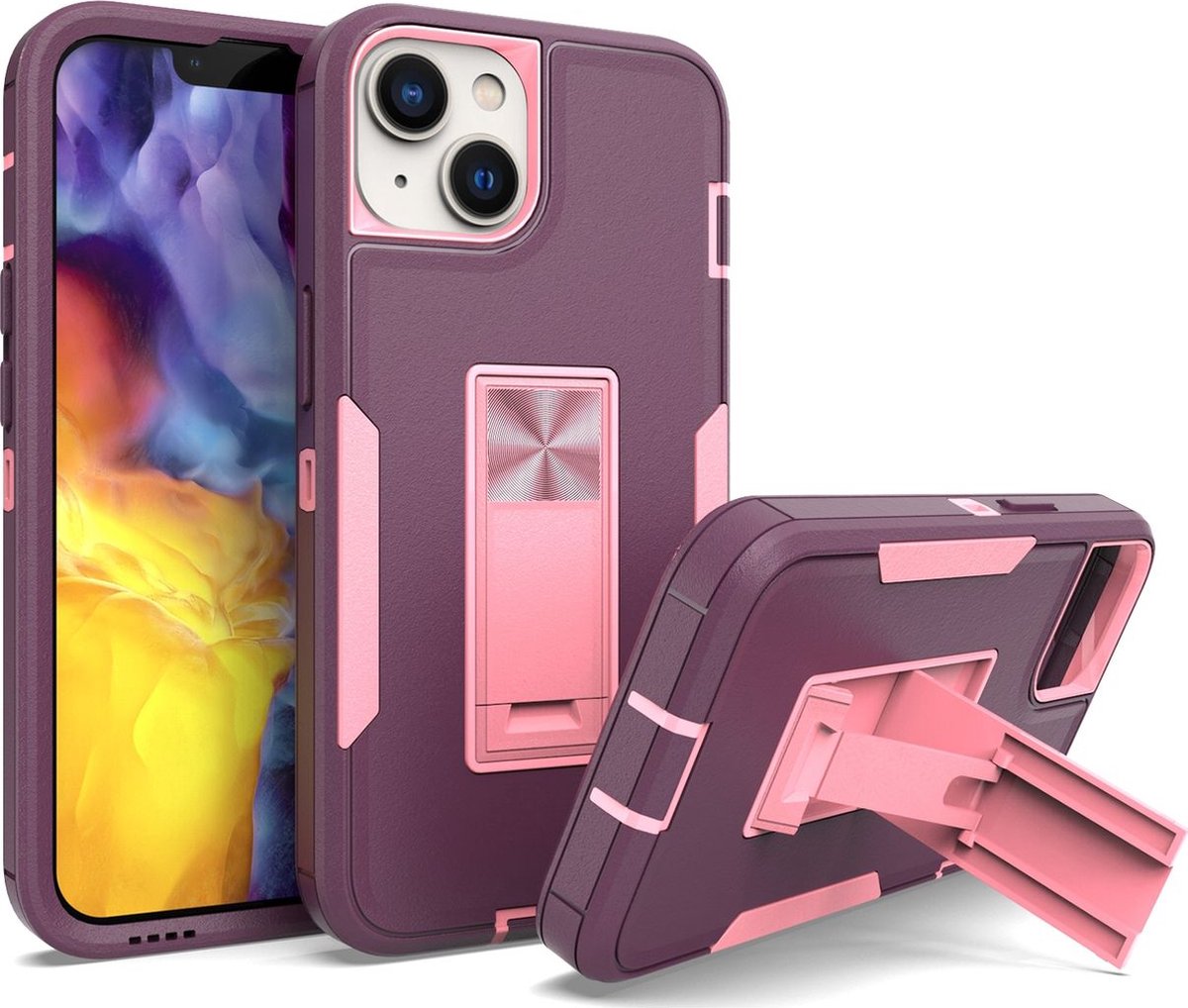 Mobigear Hoesje geschikt voor Apple iPhone 14 Plus Telefoonhoesje Hardcase | Mobigear Heavy Armor Stand Backcover Shockproof met Standaard | Schokbestendig iPhone 14 Plus Telefoonhoesje | Anti Shock Proof - Paars