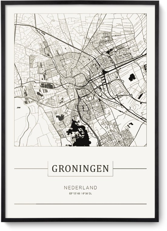 Stadskaart Groningen – Plattegrond Groningen - city map – muurdecoratie 30 x 40 cm in lijst