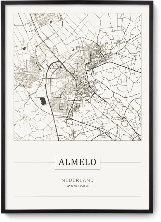 Stadskaart Almelo - Plattegrond Almelo – city map – muurdecoratie 30 x 40 cm in lijst