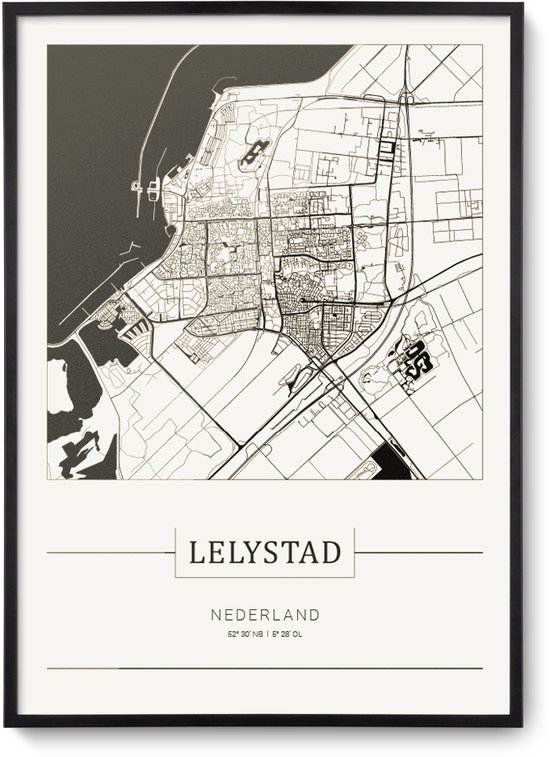 Stadskaart Lelystad - Plattegrond Lelystad – city map – muurdecoratie 30 x 40 cm in lijst