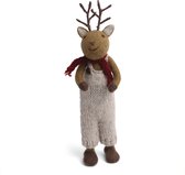 Groot Bruin Hert - Jongen met grijze broek en rode sjaal - 27 cm staand model - Vilten Kerstdecoratie - Fair Trade - Én Gry & Sif