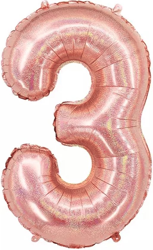 Folie Ballon Cijfer 3 Jaar Rose Goud Glitter Verjaardag Versiering Helium Ballonnen Feest Versiering Met Rietje - 86Cm