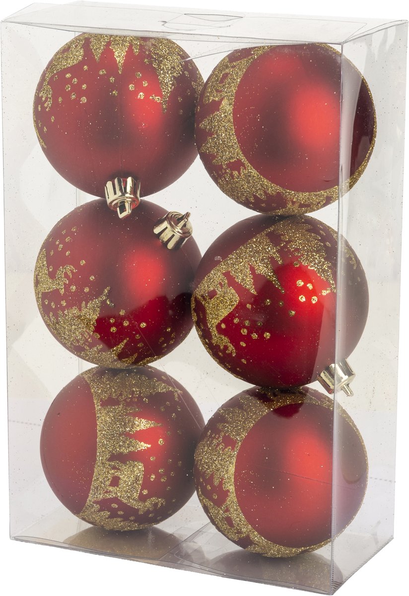 Cosy & Trendy - Kerst - Kerstballen - Set van 6 - Trees Gold - Glitter - Rood - D8cm - Kunststof