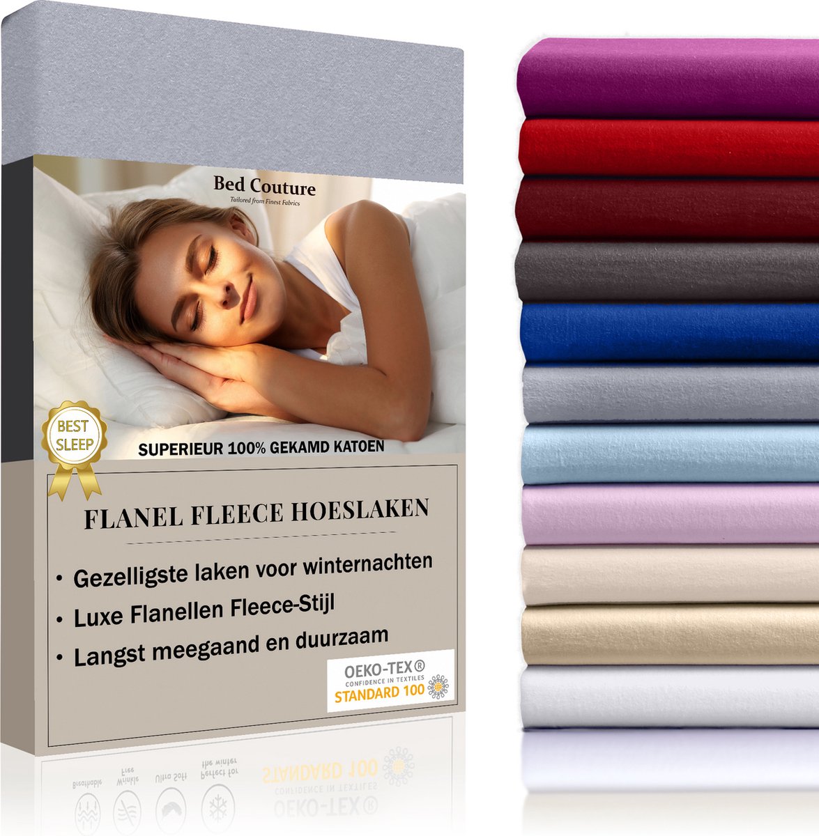 Bed Couture Flanel Fleece Hoeslaken - 100% Katoen Extra zacht en Warm - Eenpersoons - 90x200+30 Cm - Winter Grijs