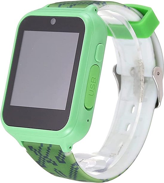 Close-up van een groen Minecraft smartwatch met een groen en wit gestreept bandje. Zijkant met 'USB' tekst.