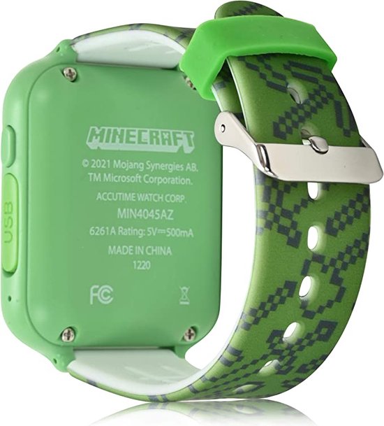 Achterkant van een groen Minecraft smartwatch met USB-poort, productinformatie en Minecraft logo.