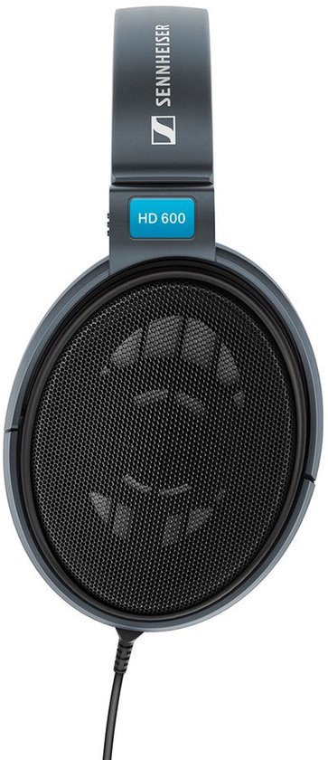 Grijze Sennheiser HD 600 koptelefoon, van voren gezien, met zwarte oorschelpen.
