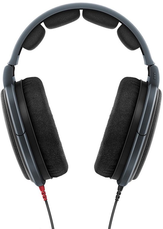 Grijze Sennheiser HD 600 koptelefoon, van bovenaf, met zwarte oorschelpen.