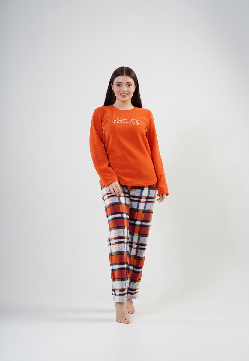 Vienetta - Dames Fleece Pyjama Set, Lange Mouwen, Oranje - S