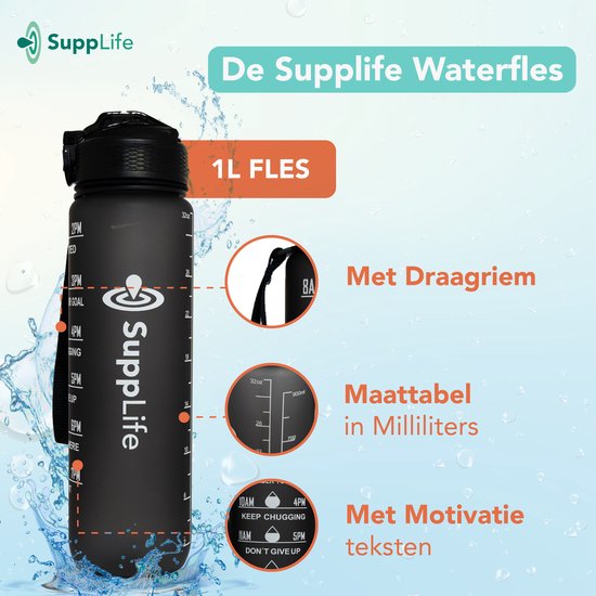 Supplife Bidon - 1 Liter - met Rietje - BPA Vrij - Zwart - Supplife