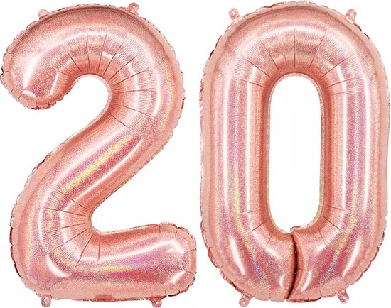 Ballon Cijfer 20 Jaar Rose Goud Helium Ballonnen Verjaardag Versiering Feest versiering Met Rietje Glitter - 86Cm