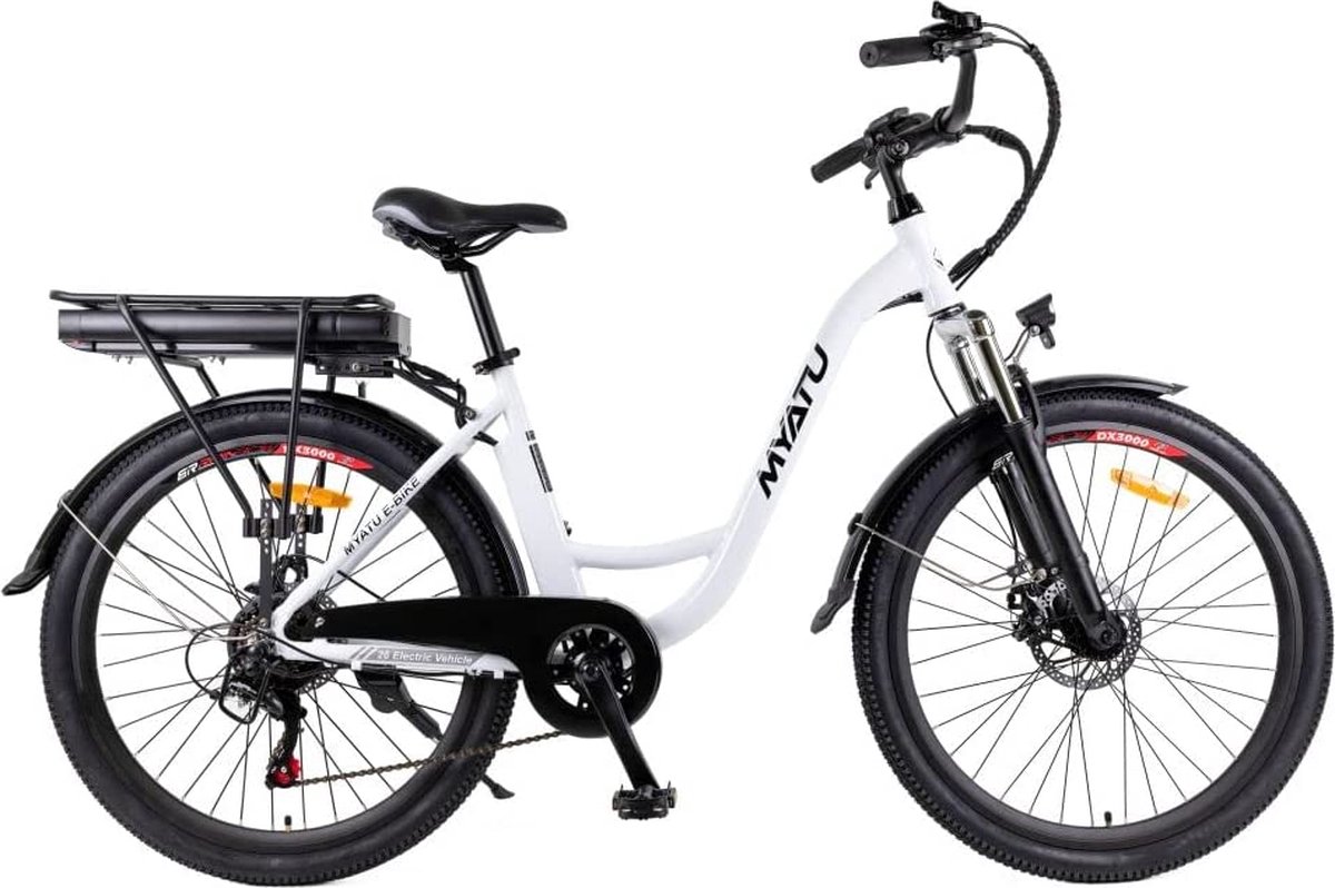 Myatu E Bike voor mannen en vrouwen Lage Instap met 45 cm Aluminium Frame 6 versnellingen 250 Wh Afneembare Lithium Batterij 40 80 km Range Trekking Ebike met 1.95 x 26 Inch Wiel(Wit Urban )