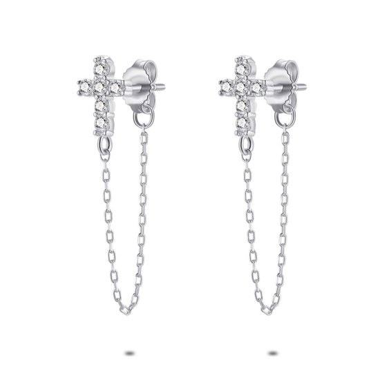 Boucles d' Boucles d'oreilles Twice As Nice en argent, croix avec zircone, double chaîne