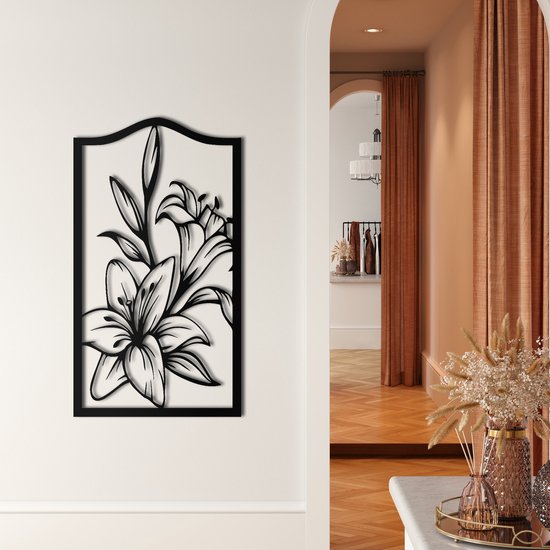 Foto: Wanddecoratie bloem flower metal wall art muurdecoratie woonkamer buiten decor zwart 34x60cm
