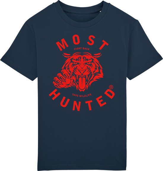 Most Hunted - kinder t-shirt - tijger - navy - rood - maat 122/128