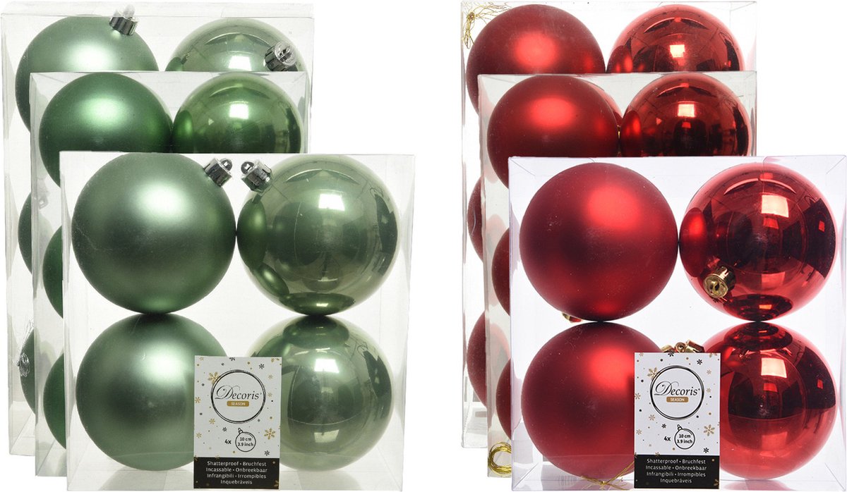 Kerstversiering kunststof kerstballen kleuren mix rood/salie groen 6-8-10 cm pakket van 44x stuks