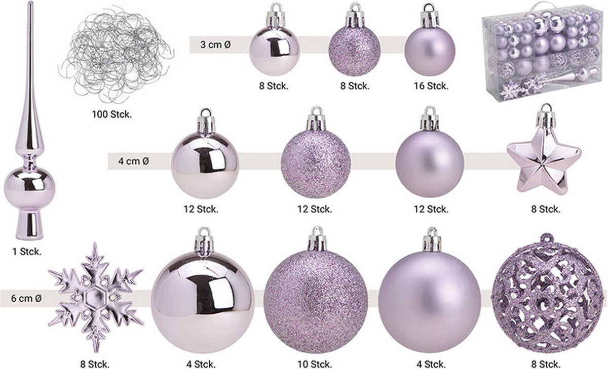 G. Wurm Kerstballen met piek - 111-delig - kunststof - lila paars - 3-4-6 cm
