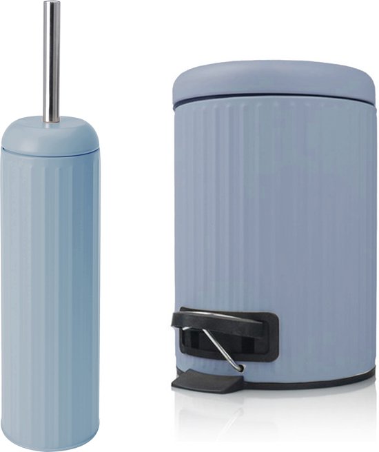 Set van 1x prullenbak en 1x wc borstel met houder - grijsblauw - metaal