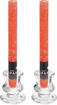 Kaarsen set - 2x kandelaars - glas - 12x dinerkaarsen - oranje