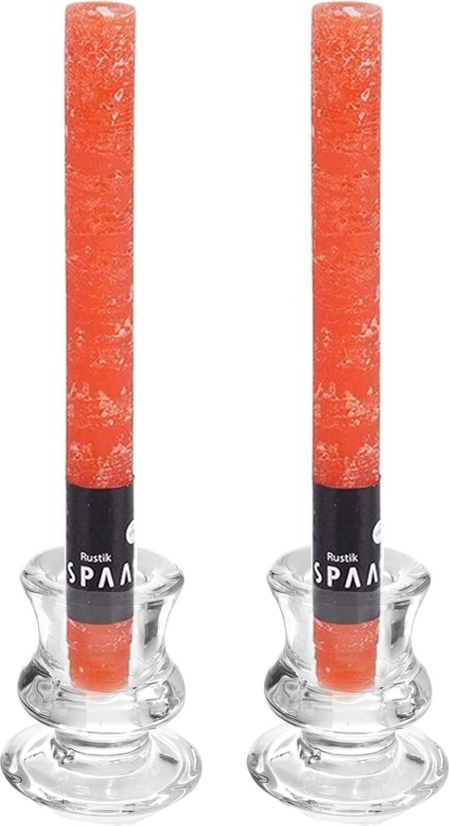 SPAAS Kaarsen set - 2x kandelaars - glas - 12x dinerkaarsen - oranje