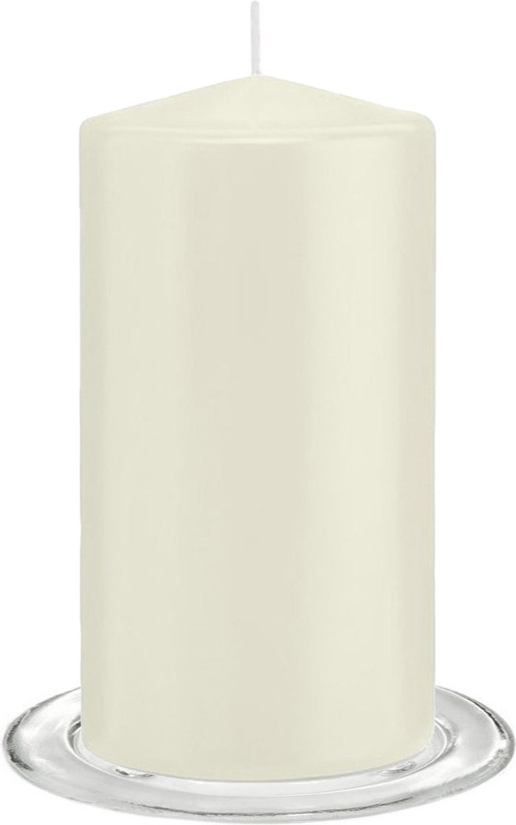 Trend Candles - Stompkaarsen met glazen onderzetters set van 2x stuks ivoor wit 8 x 15 cm