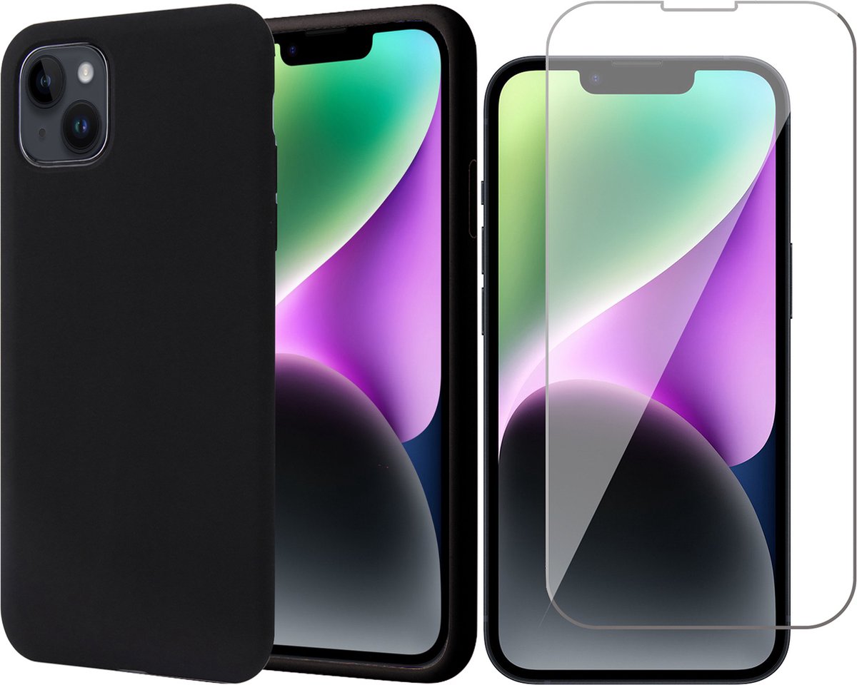 Hoesje geschikt voor iPhone 14 Plus - Matte Back Cover Microvezel Siliconen Case Hoes Zwart - Tempered Glass Screenprotector