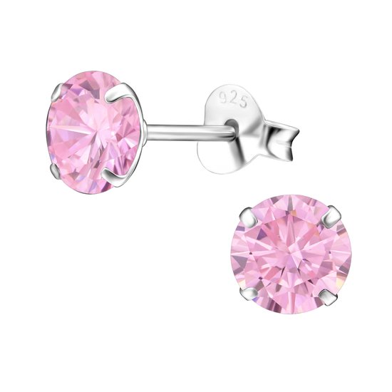 Joy|S - Zilveren ronde oorbellen - kristal roze - 6 mm - oorknoppen