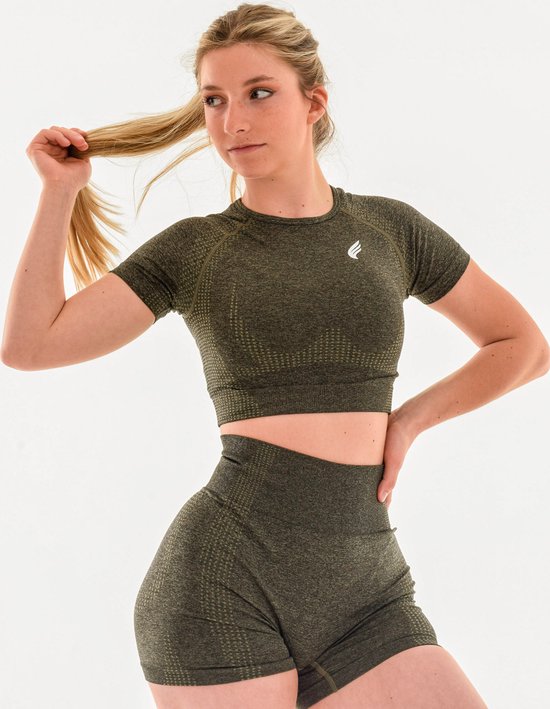 T-shirt de Sport Femme Cropped – Vital Haut Respirant, Stretch & Anti-transpiration – Yoga, Fitness & Look Décontracté – DM Training (vert foncé)