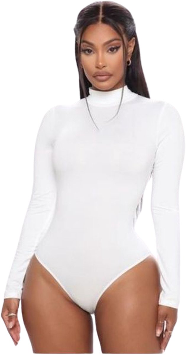 Hoogwaardige Dames Body / Bodysuit | Stretch Met Gesloten Hals | Wit - M